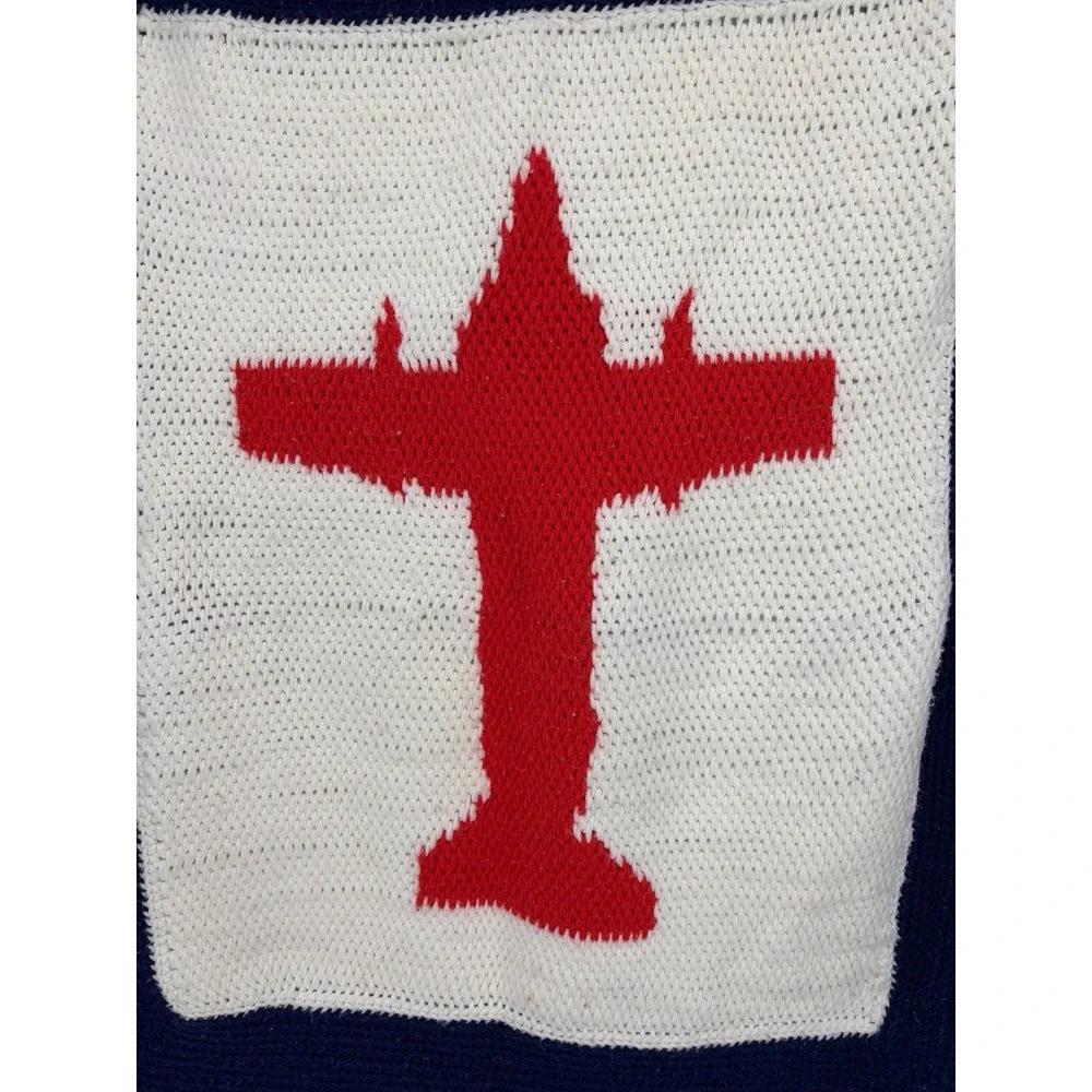 Vintage Handmade Crochet Knit Baby Blanket Airplane Red White Blue 44